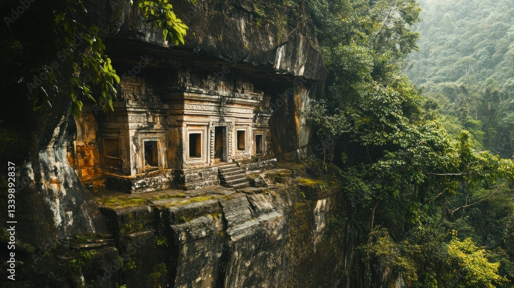 A hidden temple built into the side of a cliff, lost in the jungle-covered mountains --ar 16:9 --v 6.1 Job ID: 40983cb9-3093-4921-a73f-13692b55f5e3 A hidden temple built into the side of a cliff, lost in the jungle-covered mountains --ar 16:9 --v 6.1 Job ID: 40983cb9-3093-4921-a73f-13692b55f5e3