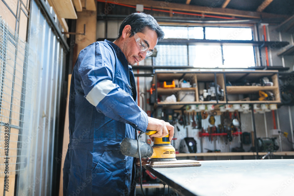 Latin carpenter and woodworker using an electric orbital sander Latin carpenter and woodworker using an electric orbital sander