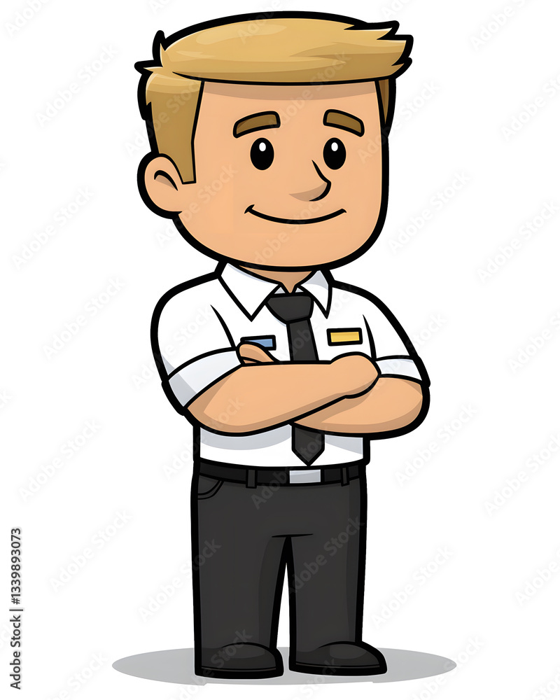 Cartoon man with crossed arms wearing a short-sleeved white shirt dark tie and dark pants smiling gently. Cartoon man with crossed arms wearing a short-sleeved white shirt dark tie and dark pants smiling gently.