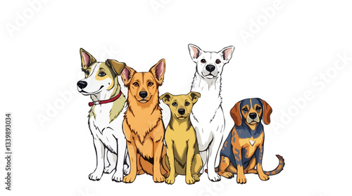 Perfect Pet Vector- Colorful Illustrated Group Of Five Adorable Dogs Sitting Together With Friendly Expressions.
