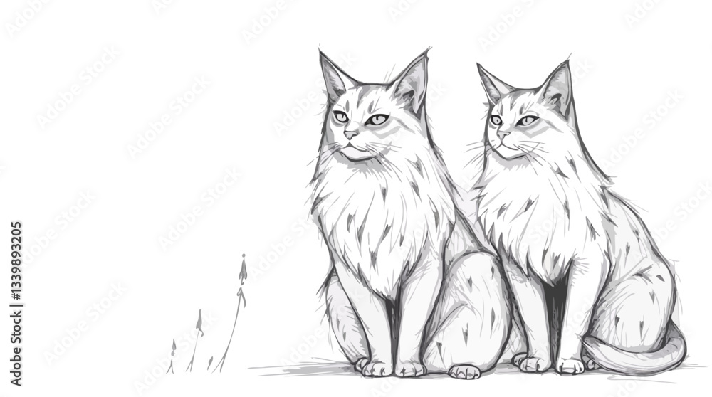 Fototapeta premium Perfect Pet Vector - Elegant Pencil Drawing Of Two Identical Majestic Cats Sitting Poised And Alert.