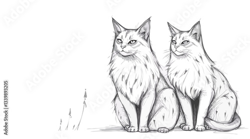 Perfect Pet Vector - Elegant Pencil Drawing Of Two Identical Majestic Cats Sitting Poised And Alert.