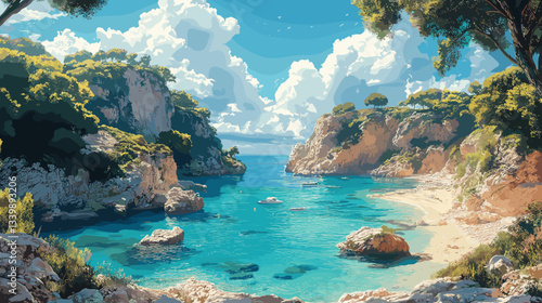 Breathtaking coastal cove with crystal-clear turquoise waters, surrounded by lush green cliffs and golden sand, under a bright blue sky with fluffy clouds