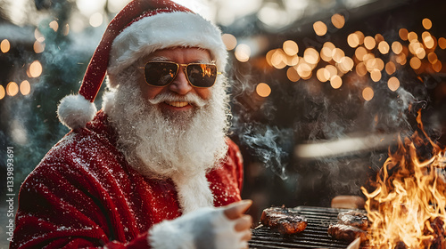 Santa Claus in sunglasses grills meat over an open flame illuminated by Christmas lights.