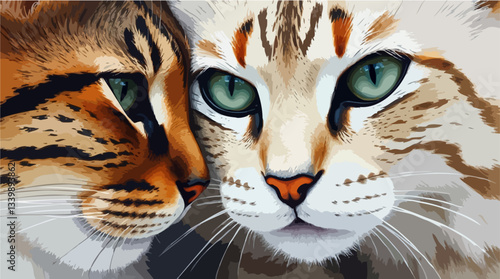 Perfect Pet Vector - Two Affectionate Cats With Striking Green Eyes And Detailed Fur Patterns Sharing Intimate Bond.