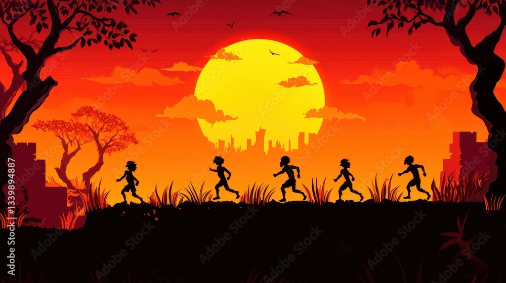 Silhouette figures running towards a sunset behind a city skyline Silhouette figures running towards a sunset behind a city skyline