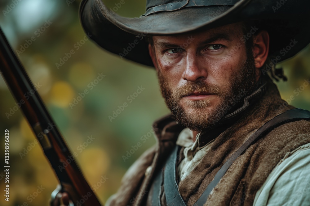 Obraz premium A rugged man with a beard and a wide-brimmed hat, holding a rifle. He has a serious expression and is dressed in period-appropriate clothing, set against a blurred natural background.