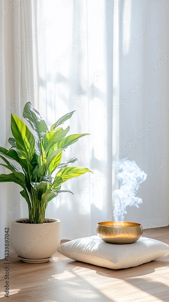 Fototapeta premium Serene Home Decor Plant Golden Bowl Sunlight