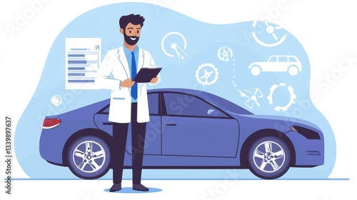 Car maintenance inspection automotive workshop illustration professional environment informative viewpoint vehicle care concept