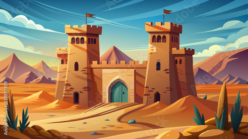 medieval desert citadel with tall watchtowers and arched gates stands defiantly against the dry, relentless wind