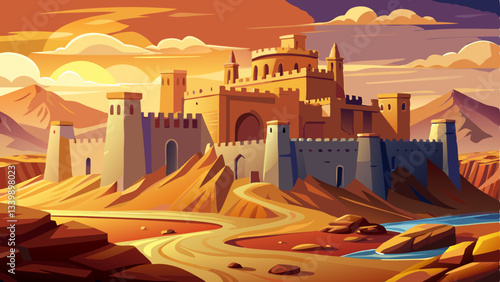 vector of majestic fortress with crumbling battlements overlooks an arid wasteland, its walls blending with the sunlit dunes