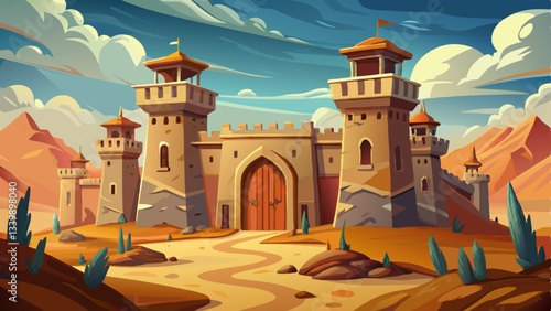 medieval desert citadel with tall watchtowers and arched gates stands defiantly against the dry, relentless wind