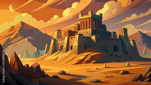 weathered sandstone fortress rises from the golden desert, its towering walls casting long shadows under the blazing sun.