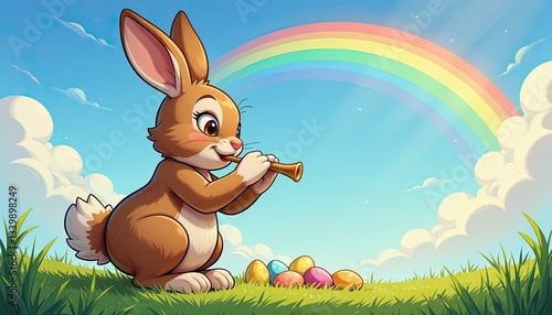 Vibrant Easter Scene: Animated Rabbit Playing Trumpet with Rainbow and Colorful Eggs in the Meadow. A cartoon rabbit playing a trumpet in a grassy field.