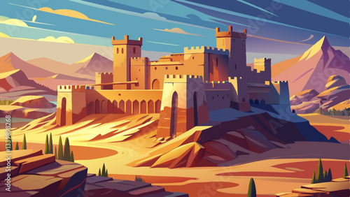 vector of majestic fortress with crumbling battlements overlooks an arid wasteland, its walls blending with the sunlit dunes