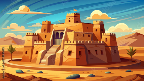 ancient desert fort, built of sunbaked clay, stands resilient against the scorching midday sun, surrounded by endless dunes.