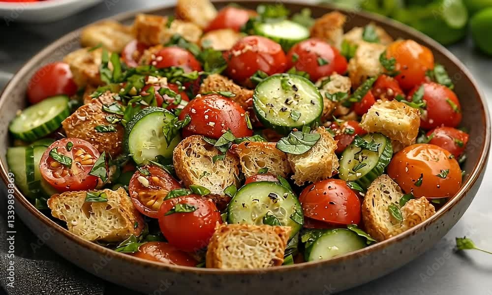 Colorful Fresh Salad with Cherry Tomatoes, Cucumbers, and Croutons Garnished with Herbs in a Rustic Bowl Colorful Fresh Salad with Cherry Tomatoes, Cucumbers, and Croutons Garnished with Herbs in a Rustic Bowl