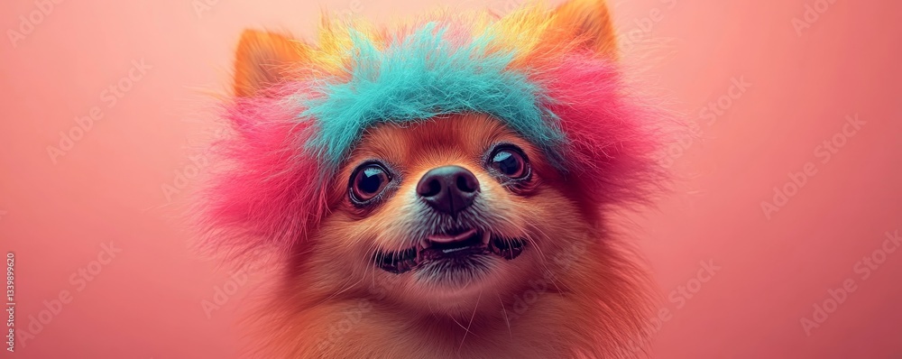 The image features a cute fluffy dog in a clown's wig positioned on a pink background, leaving space for text to commemorate April Fools Day The image features a cute fluffy dog in a clown's wig positioned on a pink background, leaving space for text to commemorate April Fools Day