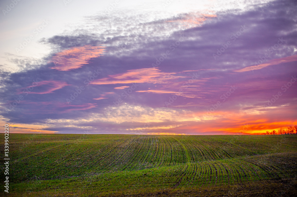 Green fields and hills against a bright sunset sky with purple clouds. Soft light Green fields and hills against a bright sunset sky with purple clouds. Soft light