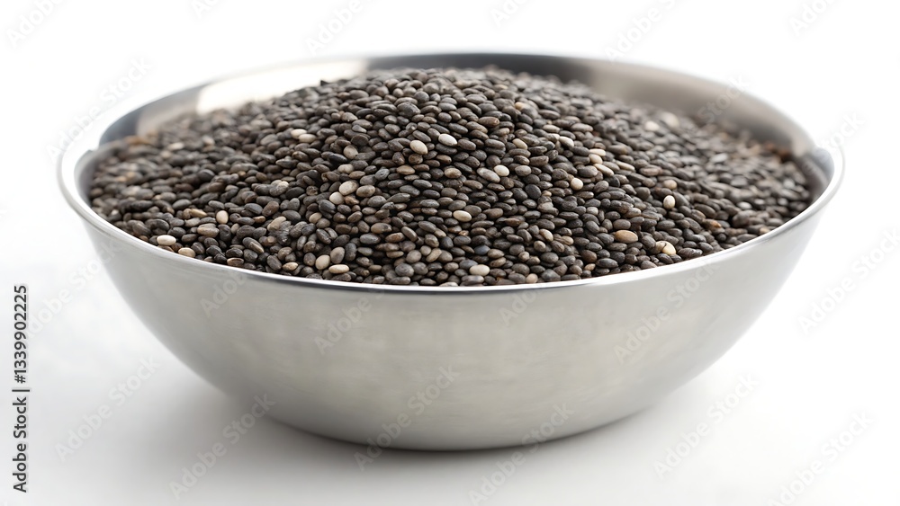 A Bowl Brimming With Healthy Chia Seeds, A Nutritional Powerhouse For A Vibrant And Energetic Life, Presented In A Simple, Elegant Stainless Steel Bowl Against A Clean White Background A Bowl Brimming With Healthy Chia Seeds, A Nutritional Powerhouse For A Vibrant And Energetic Life, Presented In A Simple, Elegant Stainless Steel Bowl Against A Clean White Background