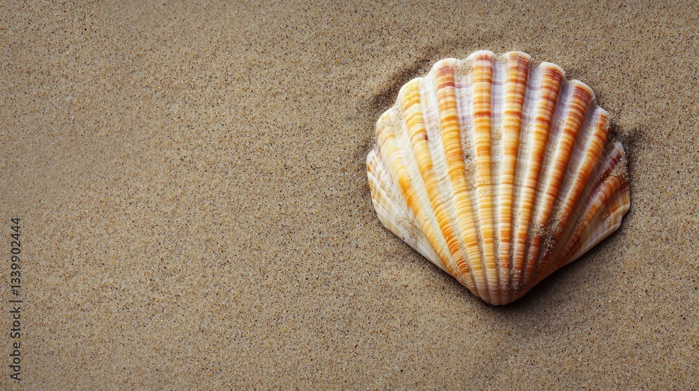 Beautifully patterned scallop shell resting on smooth sandy beach with natural textures and soft lighting in a serene coastal setting Beautifully patterned scallop shell resting on smooth sandy beach with natural textures and soft lighting in a serene coastal setting