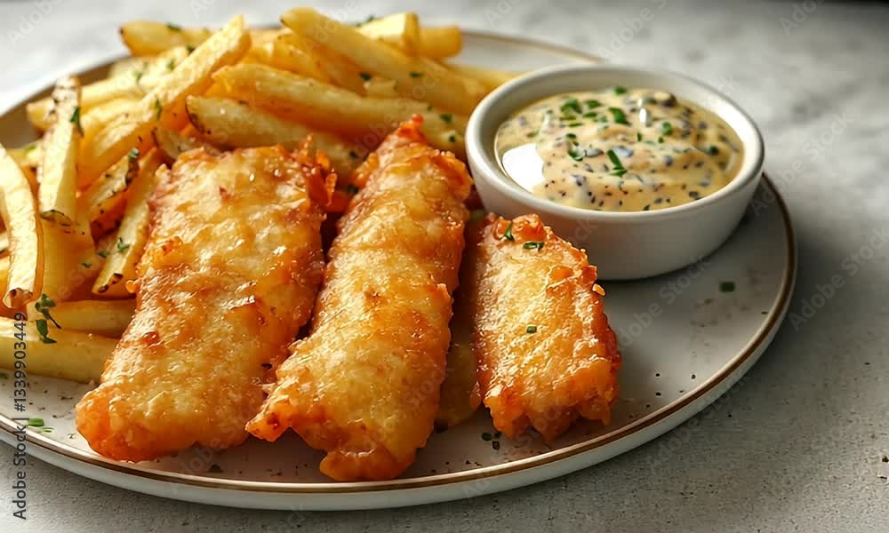 Delicious Fried Fish Fillets with Crispy Fries and Creamy Dipping Sauce on a White Plate in a Cozy Restaurant Setting Delicious Fried Fish Fillets with Crispy Fries and Creamy Dipping Sauce on a White Plate in a Cozy Restaurant Setting