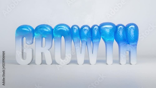 Growth Rising: 3D Animation of Plastic Textured Word Transforming into a Blue Balloon and Floating Upwards
