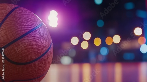 Close-up of a basketball on a court with colorful light and blurred background action