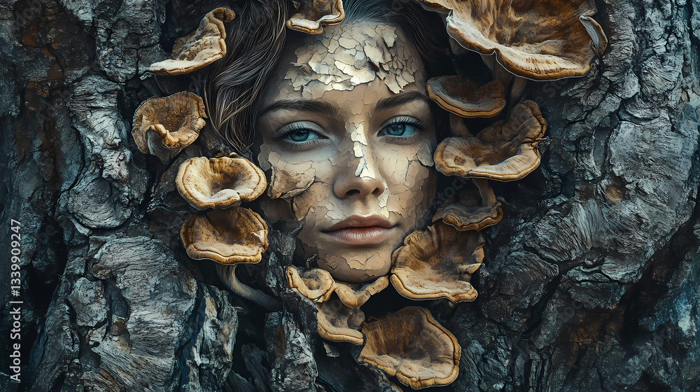Youthful woman surrounded by unique tree bark and fungal growth, portrait with natural elements and textured appearance highlighting connection to nature. Fungal Harmony. Illustration Youthful woman surrounded by unique tree bark and fungal growth, portrait with natural elements and textured appearance highlighting connection to nature. Fungal Harmony. Illustration