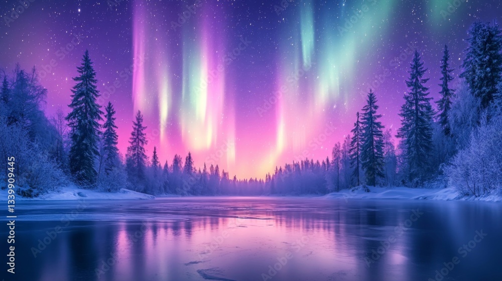 Fototapeta premium Aurora Borealis Illuminates Frozen Winter Forest Lake
