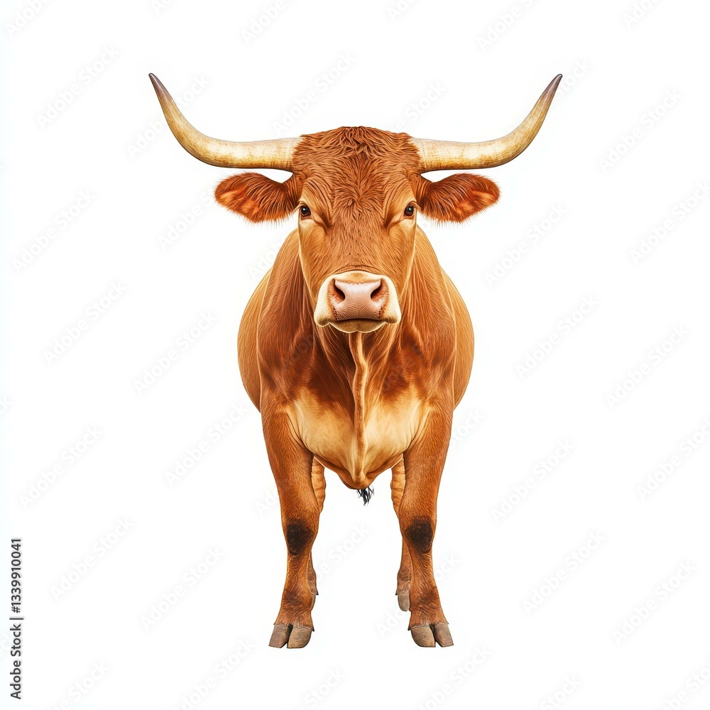 A strong bull stands proudly against a clean white backdrop, showcasing its impressive stature and muscular build.