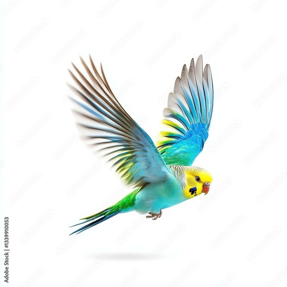 Obraz premium A vibrant budgie in flight against a pure white backdrop, showcasing its beauty and grace in motion.