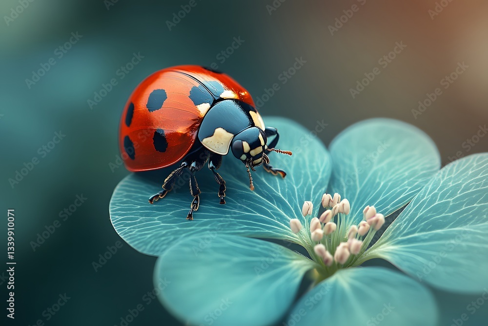 Fototapeta premium A ladybug perched on top of a rare four-leaf clover, ideal for illustrations and designs related to nature, good fortune, or whimsical themes,