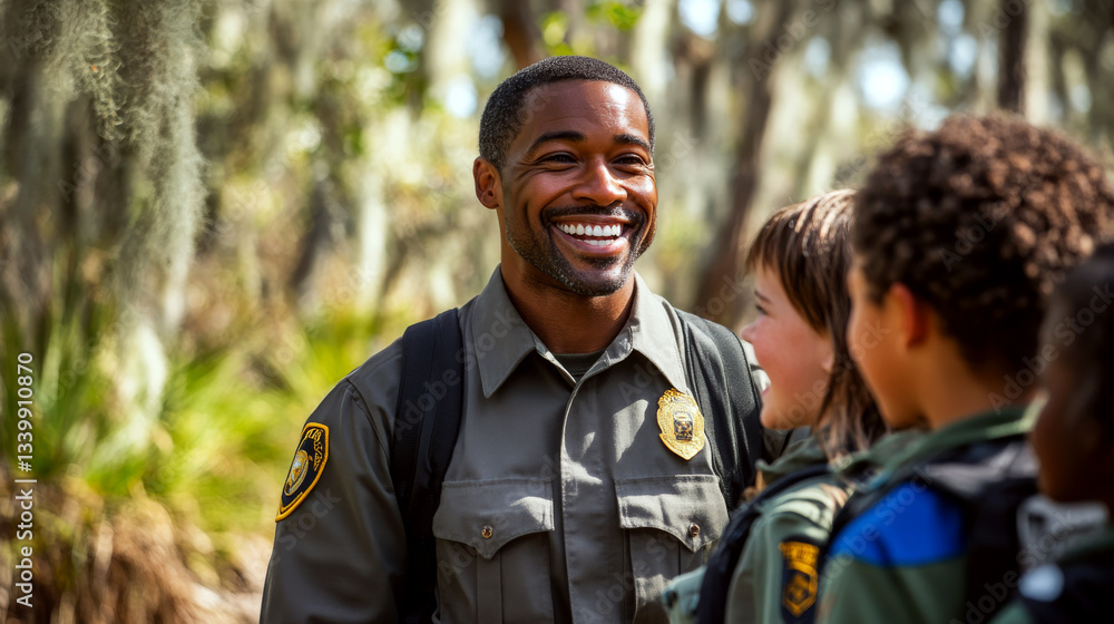 Park ranger, in uniform with badge, smiling at three children in a forest setting. Concept of outdoor education and guidance. For environmental programs.