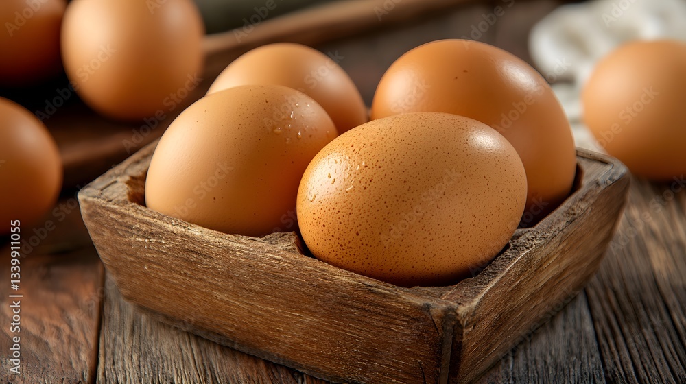 Fresh brown eggs in a rustic wooden crate Fresh brown eggs in a rustic wooden crate