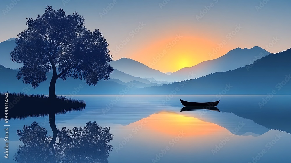 Fototapeta premium A serene isolated vector illustration of a sunset viewed from a boat on the water with warm colors.