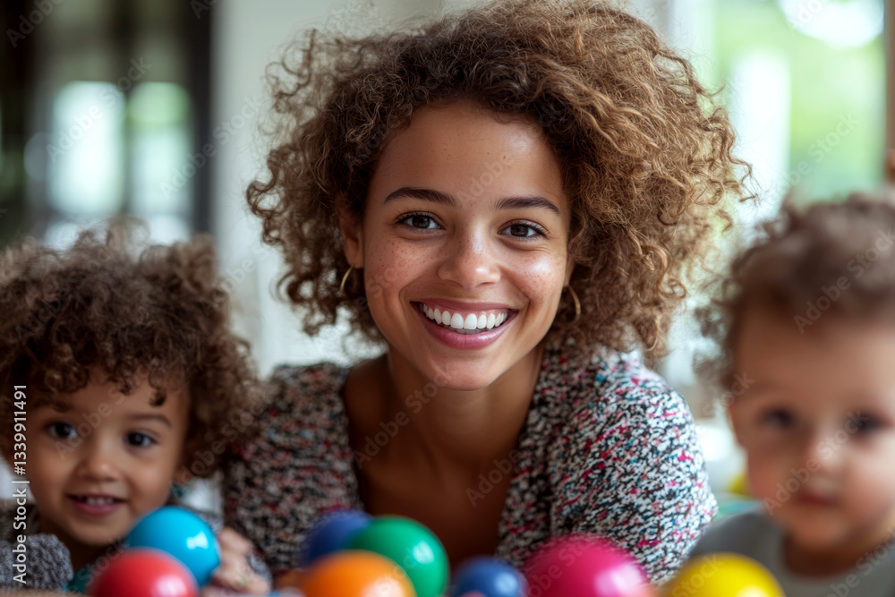 A woman and two children are smiling indoors surrounded by colorful balls. Concept of family happiness and togetherness. For family lifestyle photo collection.