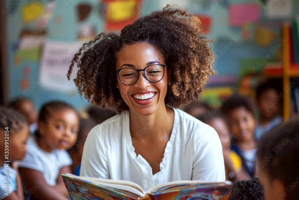 A smiling woman reads a colorful book to engaged children in a lively classroom setting. Concept of storytelling, education, joy. For educational materials