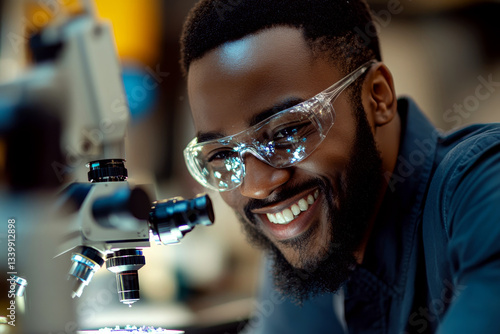 Man smiling while looking into microscope, wearing clear protective glasses in a laboratory setting. Concept of science and research. For science-related content