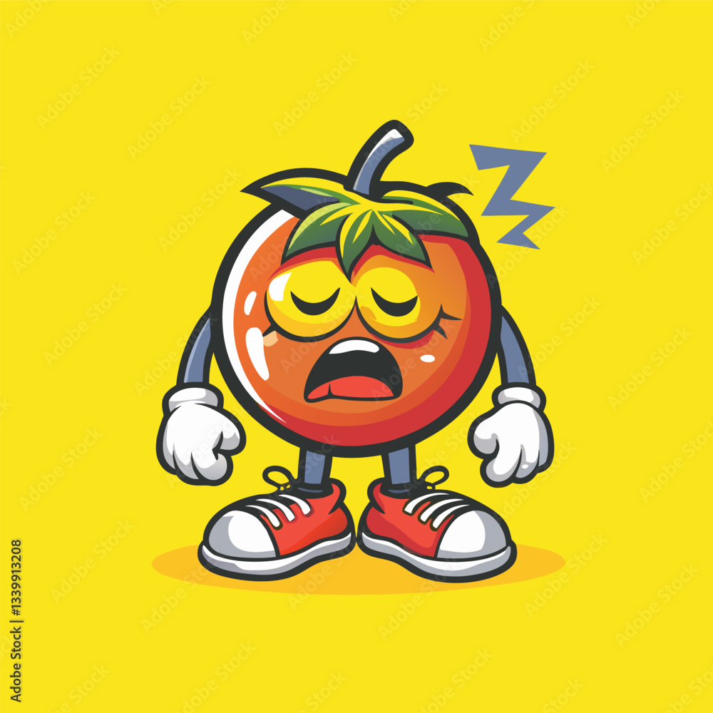 Sleepy Tomato Mascot Cart Vector Illustration with Cheerful Expression and Adorable Features Sleepy Tomato Mascot Cart Vector Illustration with Cheerful Expression and Adorable Features