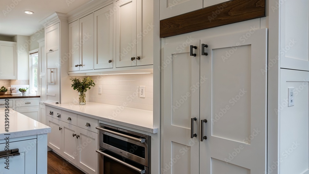 Fototapeta premium Sleek cabinetry and counters highlight contemporary kitchen design trends.