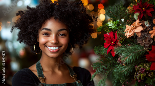 Smiling person with curly hair wearing an apron stands near a festive floral arrangement indoors. Concept of holiday joy and decoration. For seasonal advertisement.