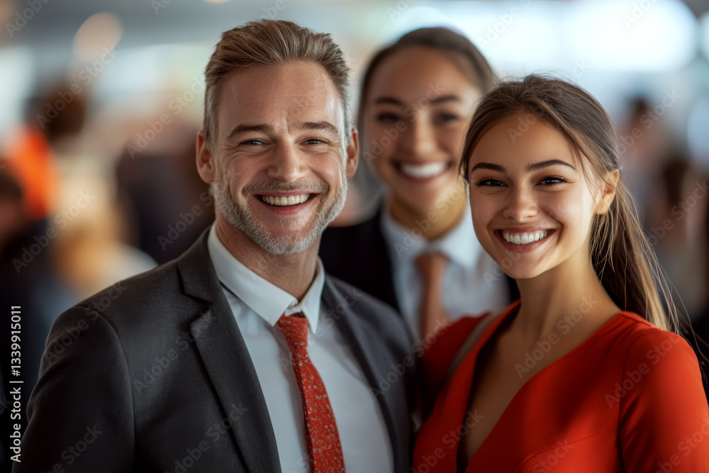 Three people in professional attire are smiling in a blurred indoor setting. Concept of teamwork and professionalism. For business networking visuals.