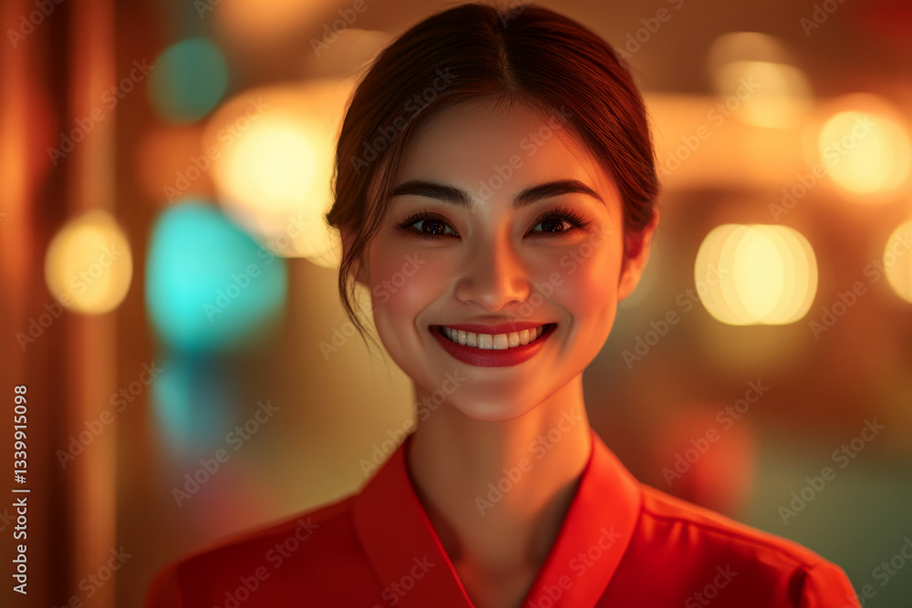 A woman in a red outfit smiles warmly against a blurred, colorful background of lights. Concept of happiness and warmth. For portrait photo or happiness theme.