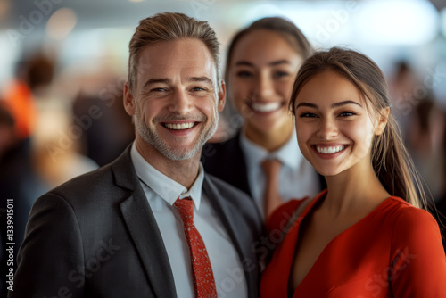 Obraz na płótnie Three people in professional attire are smiling in a blurred indoor setting. Concept of teamwork and professionalism. For business networking visuals. w salonie