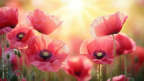 Remembrance Day blooms with bright red poppies, a poignant tribute to sacrifice, set against a serene sunrise backdrop.