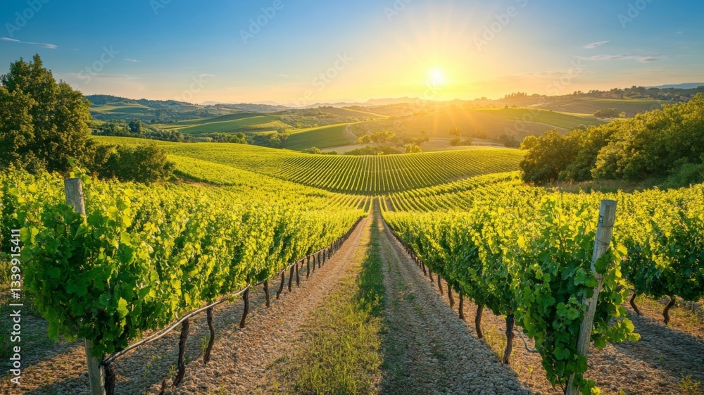Naklejka premium Sunlit Vineyard Rolling Hills Scenic Landscape