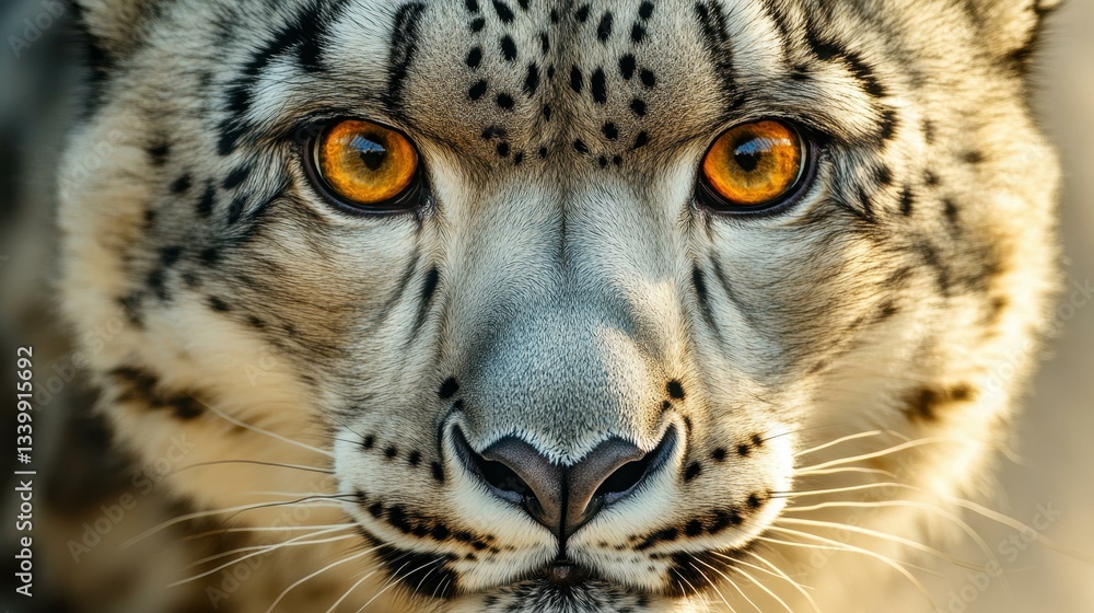 Naklejka premium A striking closeup of a snow leopards face, showcasing its detailed fur and intense gaze against a soft backdrop.