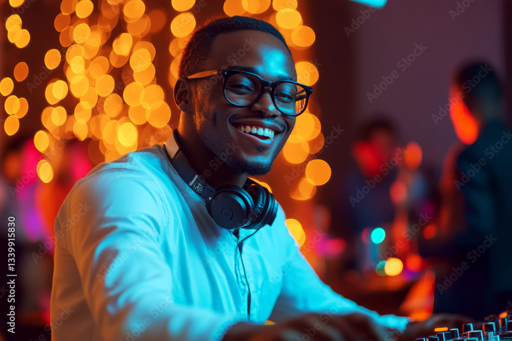 A smiling man with glasses and headphones is DJing at a vibrant party with colorful lights. Concept of nightlife and entertainment. For event advertisement.