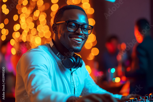Obraz na płótnie A smiling man with glasses and headphones is DJing at a vibrant party with colorful lights. Concept of nightlife and entertainment. For event advertisement. w salonie